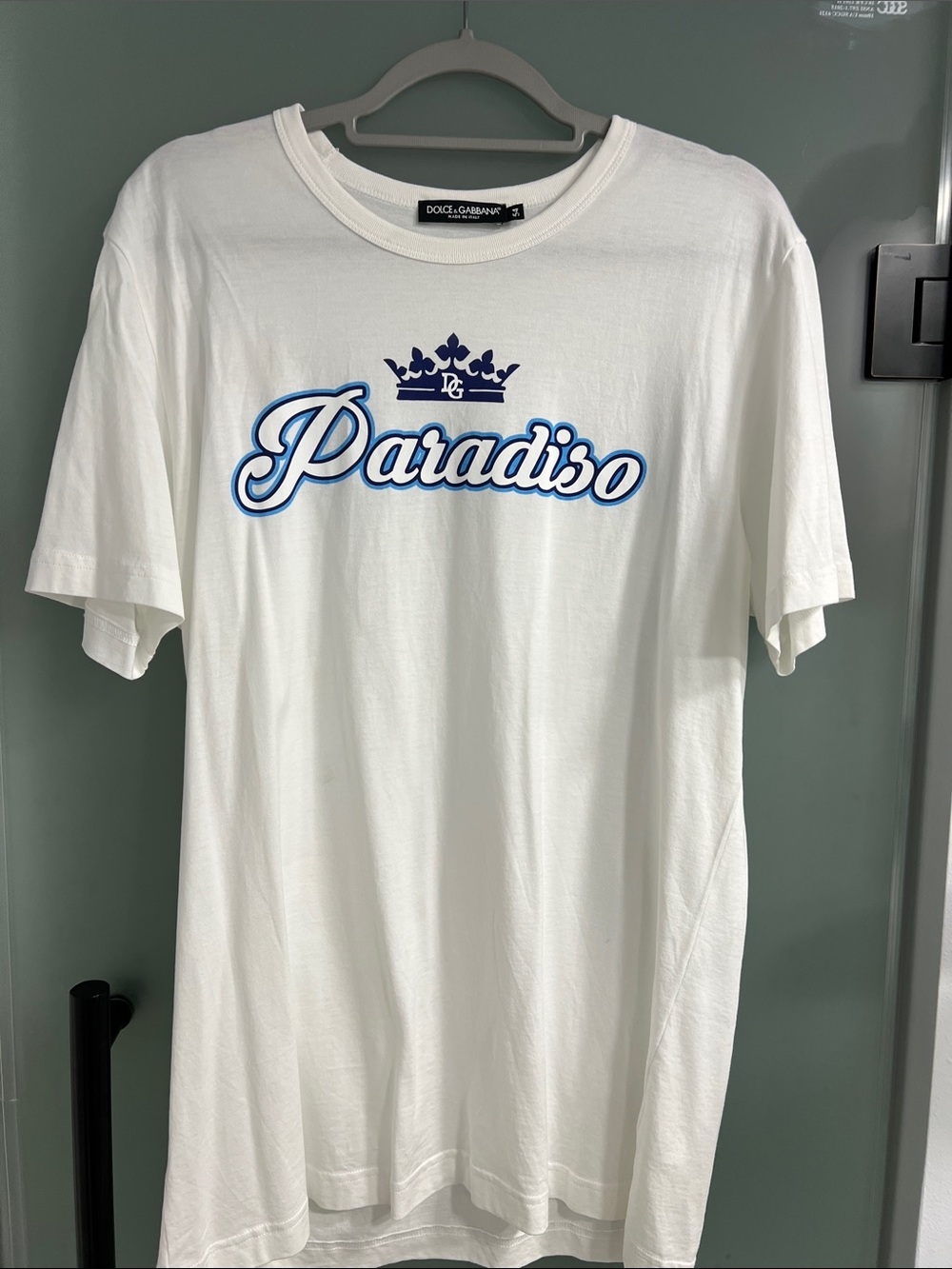 Dolce & Gabbana White T-Shirt with Blue 'Paradiso' Script and Crown